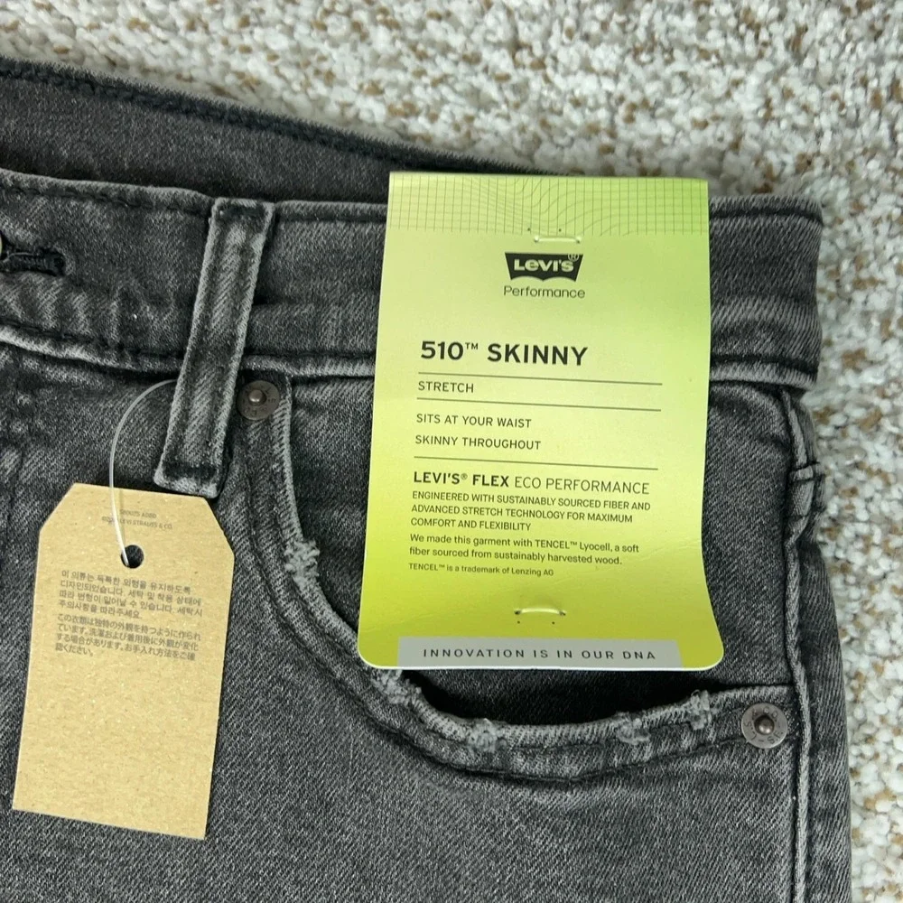 Levis 510 Jeans Mens 32x34 Gray Skinny Stretch Denim Distressed Charcoal Paint